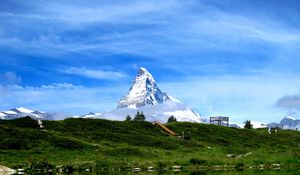 Preview wallpaper mountain, snow, coast, river, reflection, nature