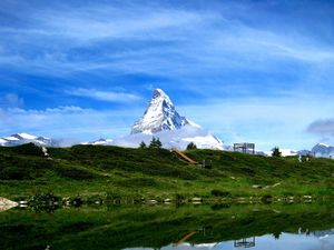 Preview wallpaper mountain, snow, coast, river, reflection, nature