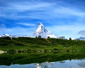 Preview wallpaper mountain, snow, coast, river, reflection, nature