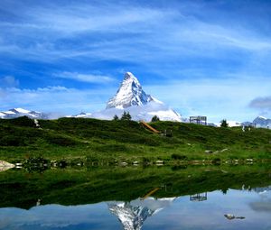 Preview wallpaper mountain, snow, coast, river, reflection, nature