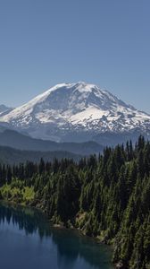 Preview wallpaper mountain, snow, forest, trees, lake, landscape