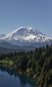 Preview wallpaper mountain, snow, forest, trees, lake, landscape