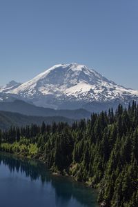 Preview wallpaper mountain, snow, forest, trees, lake, landscape