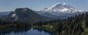 Preview wallpaper mountain, snow, forest, trees, lake, landscape