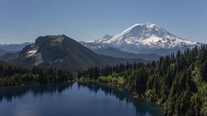 Preview wallpaper mountain, snow, forest, trees, lake, landscape