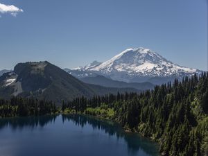 Preview wallpaper mountain, snow, forest, trees, lake, landscape