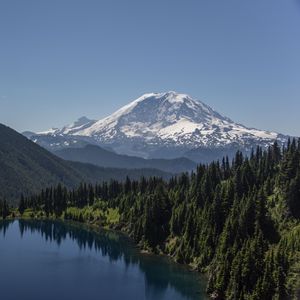 Preview wallpaper mountain, snow, forest, trees, lake, landscape