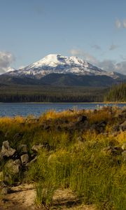 Preview wallpaper mountain, snow, forest, lake, grass, landscape