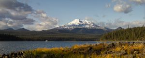 Preview wallpaper mountain, snow, forest, lake, grass, landscape