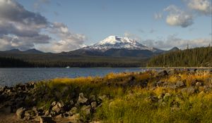 Preview wallpaper mountain, snow, forest, lake, grass, landscape