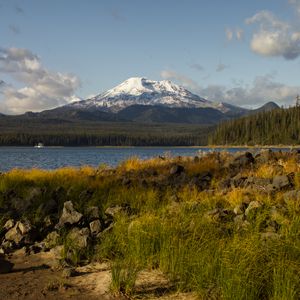 Preview wallpaper mountain, snow, forest, lake, grass, landscape