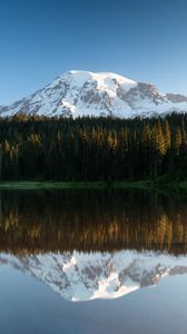 Preview wallpaper mountain, snow, forest, trees, reflection, lake