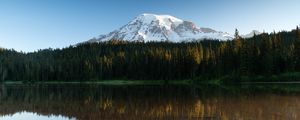 Preview wallpaper mountain, snow, forest, trees, reflection, lake