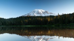 Preview wallpaper mountain, snow, forest, trees, reflection, lake
