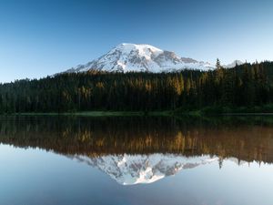 Preview wallpaper mountain, snow, forest, trees, reflection, lake