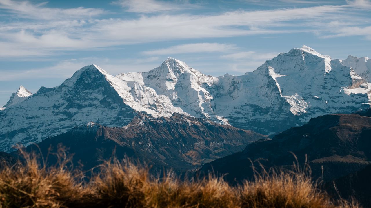 Wallpaper mountain, snow, grass, landscape