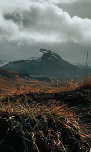 Preview wallpaper mountain, snow, grass, landscape, nature