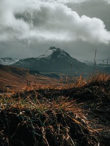 Preview wallpaper mountain, snow, grass, landscape, nature