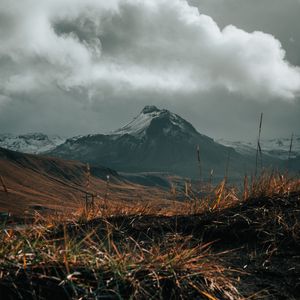 Preview wallpaper mountain, snow, grass, landscape, nature