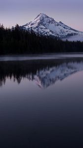 Preview wallpaper mountain, snow, lake, reflection, landscape, twilight