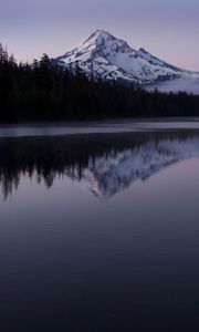 Preview wallpaper mountain, snow, lake, reflection, landscape, twilight
