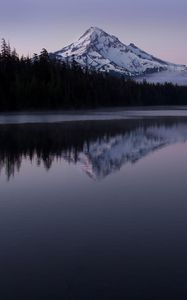 Preview wallpaper mountain, snow, lake, reflection, landscape, twilight