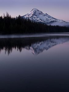 Preview wallpaper mountain, snow, lake, reflection, landscape, twilight