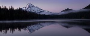 Preview wallpaper mountain, snow, lake, reflection, landscape, twilight