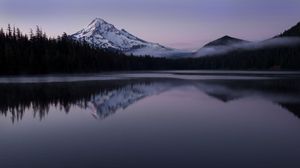 Preview wallpaper mountain, snow, lake, reflection, landscape, twilight