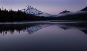 Preview wallpaper mountain, snow, lake, reflection, landscape, twilight