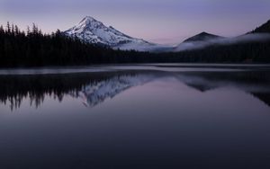 Preview wallpaper mountain, snow, lake, reflection, landscape, twilight
