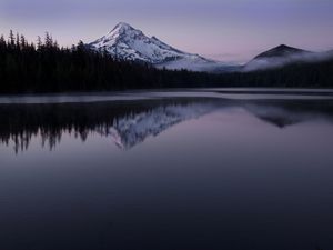 Preview wallpaper mountain, snow, lake, reflection, landscape, twilight