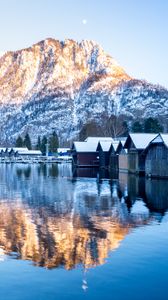 Preview wallpaper mountain, snow, lake, houses, reflection, landscape