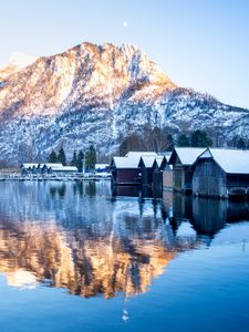 Preview wallpaper mountain, snow, lake, houses, reflection, landscape