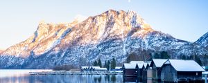 Preview wallpaper mountain, snow, lake, houses, reflection, landscape