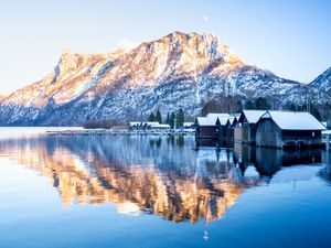 Preview wallpaper mountain, snow, lake, houses, reflection, landscape