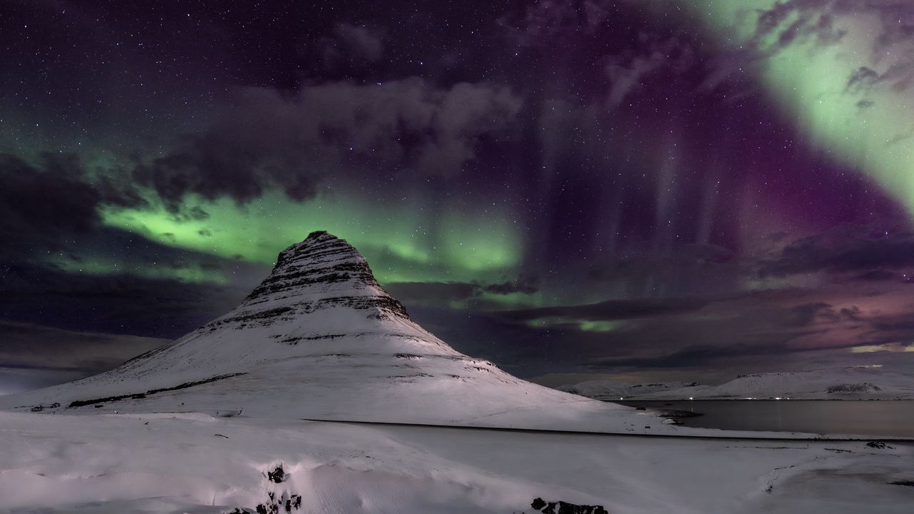 Wallpaper mountain, snow, northern lights, winter, night