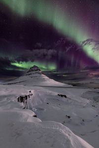 Preview wallpaper mountain, snow, northern lights, winter, night