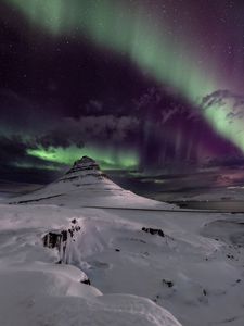 Preview wallpaper mountain, snow, northern lights, winter, night