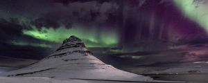 Preview wallpaper mountain, snow, northern lights, winter, night