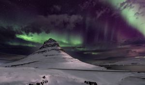 Preview wallpaper mountain, snow, northern lights, winter, night