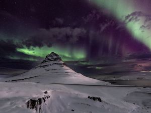 Preview wallpaper mountain, snow, northern lights, winter, night