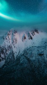 Preview wallpaper mountain, snow, northern lights, night, winter