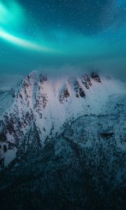 Preview wallpaper mountain, snow, northern lights, night, winter