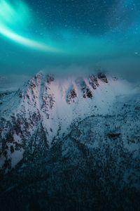 Preview wallpaper mountain, snow, northern lights, night, winter