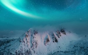Preview wallpaper mountain, snow, northern lights, night, winter