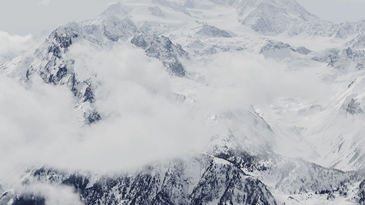 Wallpaper mountain, snow, peak, fog, clouds, white