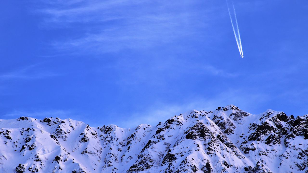 Wallpaper mountain, snow, plane, sky, snowy, flight, peak