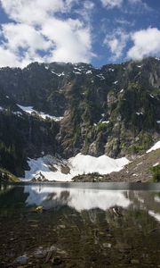 Preview wallpaper mountain, snow, river, bottom