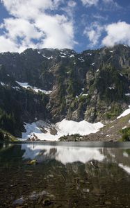 Preview wallpaper mountain, snow, river, bottom